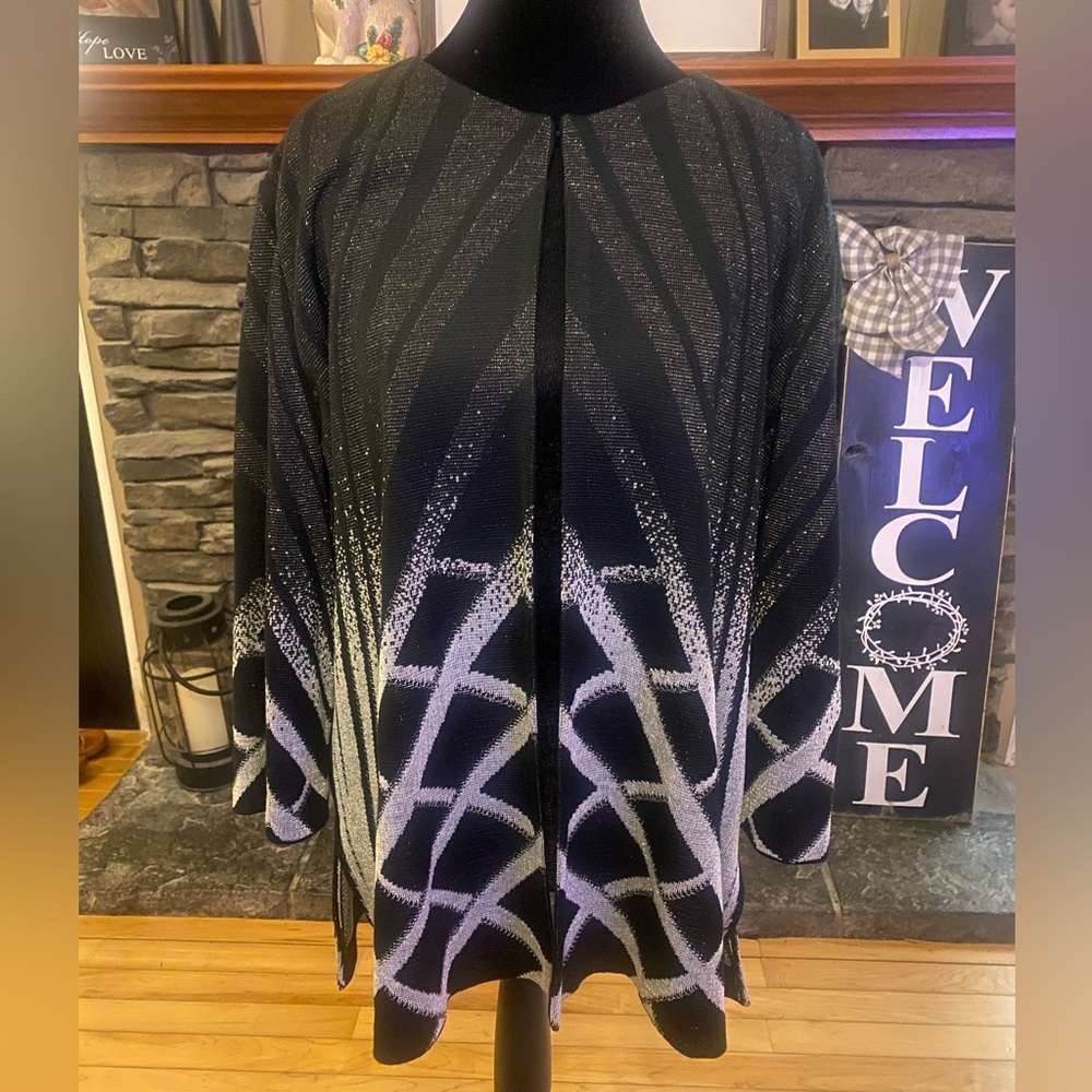 Ming Wang Black & Silver Metallic Knit Open Front  Cardigan